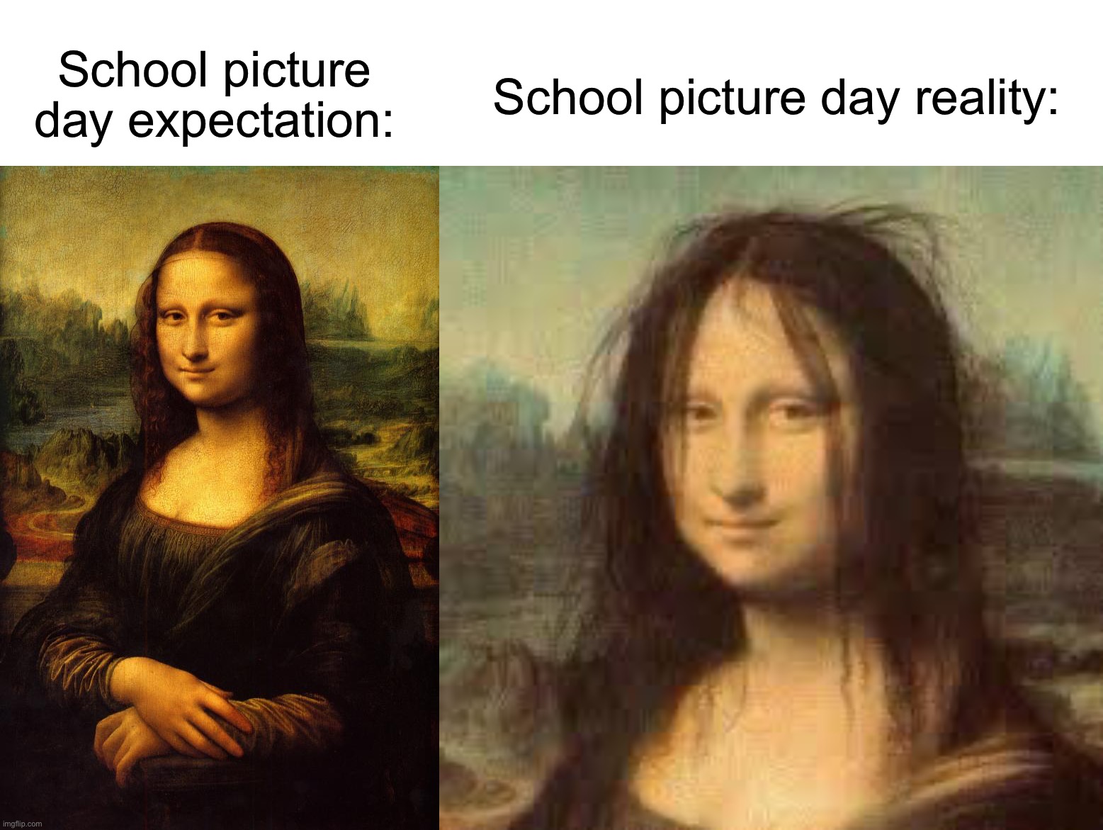 My pictures have been getting better in the last couple of years tbh | School picture day expectation:; School picture day reality: | image tagged in the mona lisa,memes,funny,true story,relatable memes,school | made w/ Imgflip meme maker