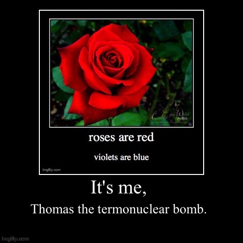 Demotivational | It's me, Thomas the thermonuclear bomb. | image tagged in demotivational | made w/ Imgflip meme maker