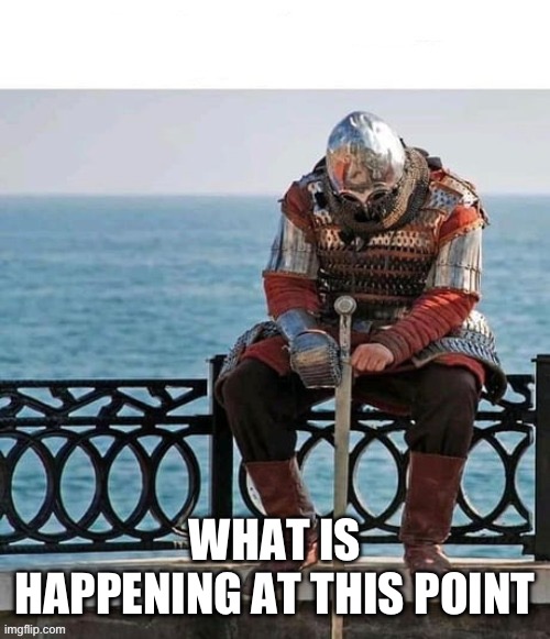 Just died on the inside | WHAT IS HAPPENING AT THIS POINT | image tagged in knight head down | made w/ Imgflip meme maker