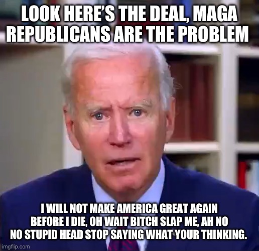 Slow Joe Biden Dementia Face | LOOK HERE’S THE DEAL, MAGA REPUBLICANS ARE THE PROBLEM; I WILL NOT MAKE AMERICA GREAT AGAIN BEFORE I DIE, OH WAIT BITCH SLAP ME, AH NO NO STUPID HEAD STOP SAYING WHAT YOUR THINKING. | image tagged in slow joe biden dementia face | made w/ Imgflip meme maker