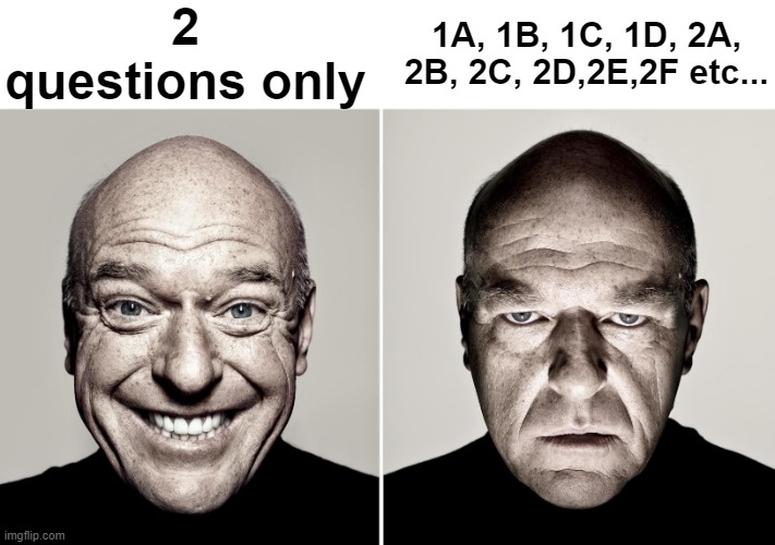 Dean Norris's reaction | 2 questions only 1A, 1B, 1C, 1D, 2A, 2B, 2C, 2D,2E,2F etc... | image tagged in dean norris's reaction | made w/ Imgflip meme maker
