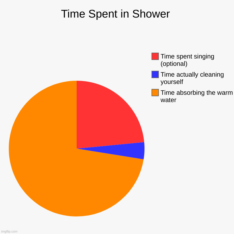 Is this accurate? | Time Spent in Shower | Time absorbing the warm water, Time actually cleaning yourself, Time spent singing (optional) | image tagged in charts,pie charts,shower | made w/ Imgflip chart maker