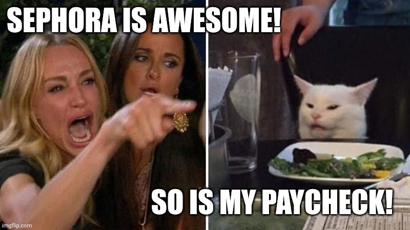 Random Meme about expensive make-up. | SEPHORA IS AWESOME! SO IS MY PAYCHECK! | image tagged in girls vs cat | made w/ Imgflip meme maker