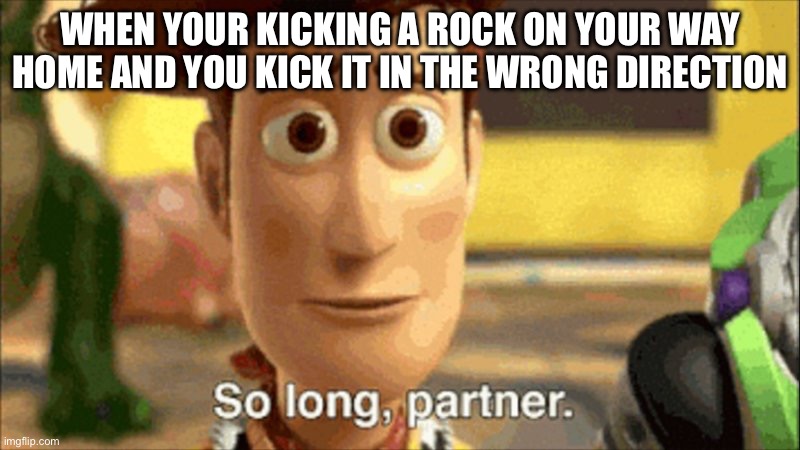 I always feel like this when it happens | WHEN YOUR KICKING A ROCK ON YOUR WAY HOME AND YOU KICK IT IN THE WRONG DIRECTION | image tagged in so long partner,relatable,memes,funny memes,funny,relatable memes | made w/ Imgflip meme maker