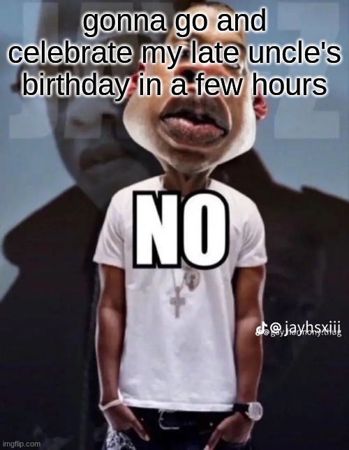 No | gonna go and celebrate my late uncle's birthday in a few hours | image tagged in no | made w/ Imgflip meme maker