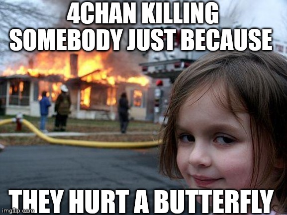 YOU MESS WITH 4CHAN, YOU die. | 4CHAN KILLING SOMEBODY JUST BECAUSE; THEY HURT A BUTTERFLY | image tagged in memes,disaster girl | made w/ Imgflip meme maker