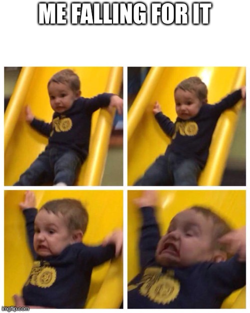 Kid falling down slide | ME FALLING FOR IT | image tagged in kid falling down slide | made w/ Imgflip meme maker
