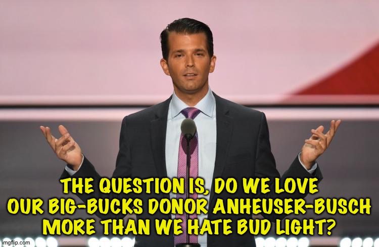 Junior asks the question | THE QUESTION IS, DO WE LOVE OUR BIG-BUCKS DONOR ANHEUSER-BUSCH MORE THAN WE HATE BUD LIGHT? | image tagged in donald trump jr | made w/ Imgflip meme maker