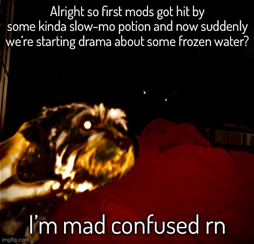 Someone explain ??‍♂️? | Alright so first mods got hit by some kinda slow-mo potion and now suddenly we’re starting drama about some frozen water? I’m mad confused rn | made w/ Imgflip meme maker