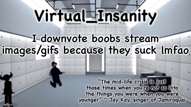 Virtual_Insanity temp | I downvote boobs stream images/gifs because they suck lmfao | image tagged in virtual_insanity temp | made w/ Imgflip meme maker