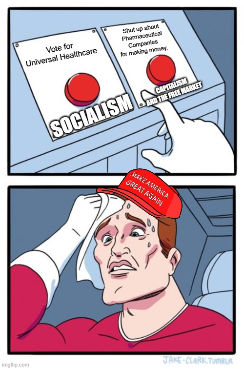 Two Buttons Meme | Shut up about Pharmaceutical Companies for making money. Vote for Universal Healthcare; CAPITALISM AND THE FREE MARKET; SOCIALISM | image tagged in memes,two buttons,big pharma,socialism,capitalism,maga | made w/ Imgflip meme maker