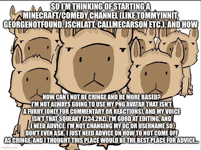 Just give me some advice… | SO I’M THINKING OF STARTING A MINECRAFT/COMEDY CHANNEL (LIKE TOMMYINNIT, GEORGENOTFOUND, JSCHLATT, CALLMECARSON ETC.), AND HOW; HOW CAN I NOT BE CRINGE AND BE MORE BASED? I’M NOT ALWAYS GOING TO USE MY PNG AVATAR THAT ISN’T A FURRY (ONLY FOR COMMENTARY OR REACTIONS), AND MY VOICE ISN’T THAT SQUEAKY (234.2HZ), I’M GOOD AT EDITING, AND I NEED ADVICE. I’M NOT CHANGING MY OC OR USERNAME SO DON’T EVEN ASK. I JUST NEED ADVICE ON HOW TO NOT COME OFF AS CRINGE, AND I THOUGHT THIS PLACE WOULD BE THE BEST PLACE FOR ADVICE… | image tagged in capybara group | made w/ Imgflip meme maker