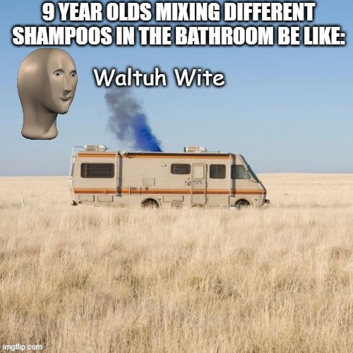Waltuh Wite | 9 YEAR OLDS MIXING DIFFERENT SHAMPOOS IN THE BATHROOM BE LIKE: | image tagged in waltuh wite | made w/ Imgflip meme maker