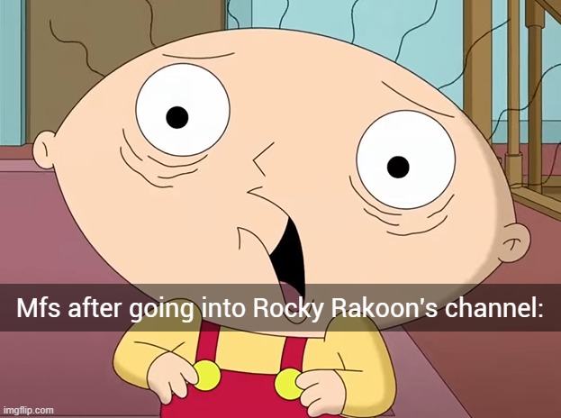 Stewie | Mfs after going into Rocky Rakoon's channel: | image tagged in stewie | made w/ Imgflip meme maker