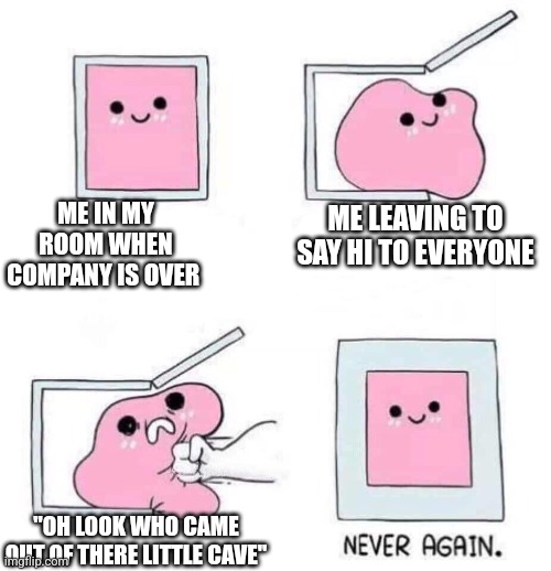 Never again | ME IN MY ROOM WHEN COMPANY IS OVER; ME LEAVING TO SAY HI TO EVERYONE; "OH LOOK WHO CAME OUT OF THERE LITTLE CAVE" | image tagged in never again | made w/ Imgflip meme maker