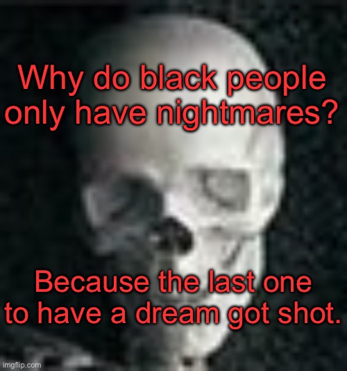 . | Why do black people only have nightmares? Because the last one to have a dream got shot. | image tagged in skull | made w/ Imgflip meme maker