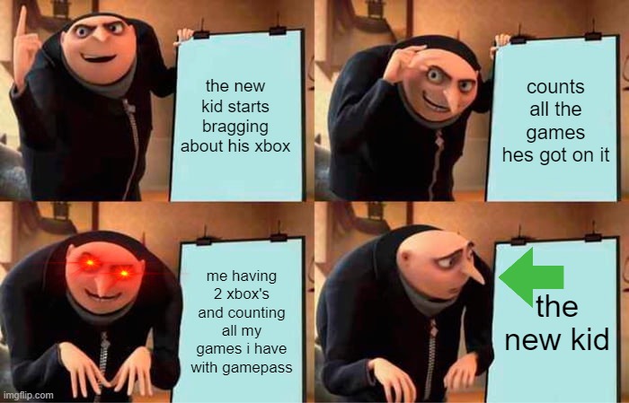 Gru's Plan | the new kid starts bragging about his xbox; counts all the games hes got on it; me having 2 xbox's and counting all my games i have with gamepass; the new kid | image tagged in memes,gru's plan | made w/ Imgflip meme maker