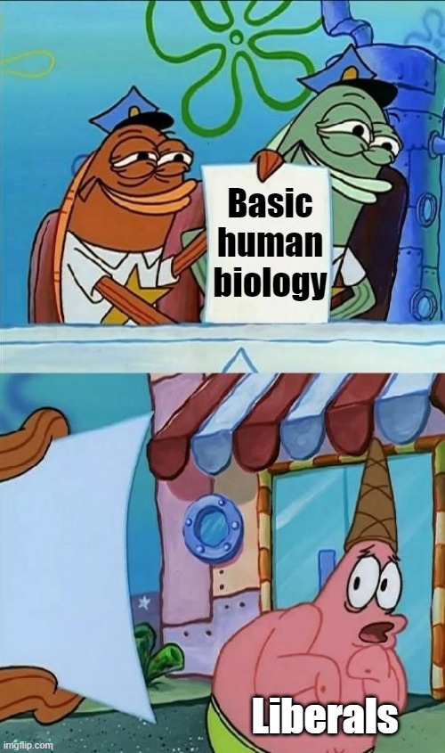 Liberals when faced with biology | Basic human biology; Liberals | image tagged in patrick scared,liberals,leftists,woke,biology,meme | made w/ Imgflip meme maker