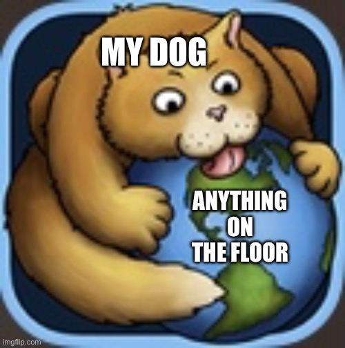 My dog eating anything on the floor | MY DOG; ANYTHING ON THE FLOOR | image tagged in cat eating earth,funny memes,dogs,floor,memes | made w/ Imgflip meme maker