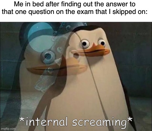 Why does this happen? | Me in bed after finding out the answer to that one question on the exam that I skipped on: | image tagged in private internal screaming,memes,funny,relatable memes,so true memes | made w/ Imgflip meme maker