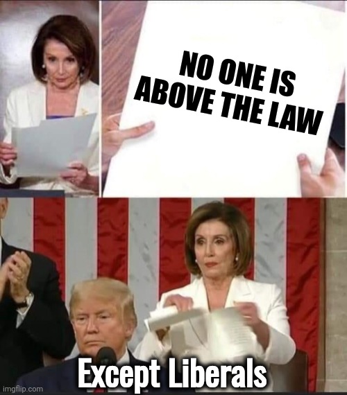 Nancy Pelosi tears speech | NO ONE IS ABOVE THE LAW Except Liberals | image tagged in nancy pelosi tears speech | made w/ Imgflip meme maker