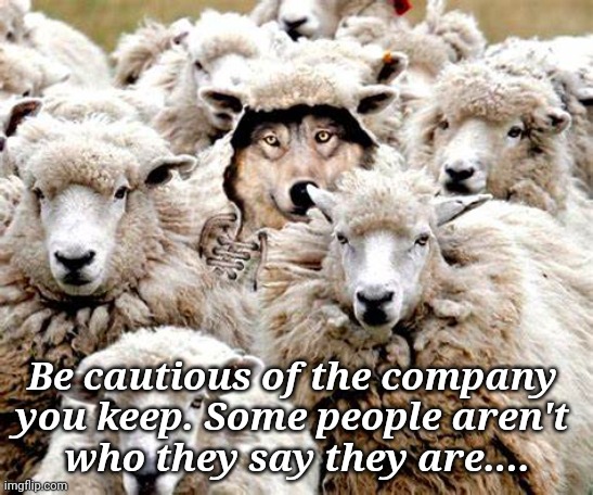 Wolf in Sheep's Clothing | Be cautious of the company 
you keep. Some people aren't 
who they say they are.... | image tagged in trust,enemies,betrayal | made w/ Imgflip meme maker