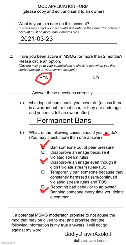 i swear this felt like taking a US naturalization test | 2021-03-23; Permanent Bans; BadlyDrawnAxolotl | image tagged in mod application form beta | made w/ Imgflip meme maker