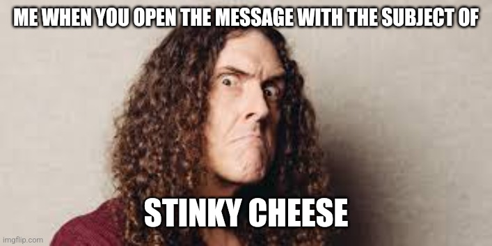 Weird Al Angry | ME WHEN YOU OPEN THE MESSAGE WITH THE SUBJECT OF; STINKY CHEESE | image tagged in weird al angry | made w/ Imgflip meme maker