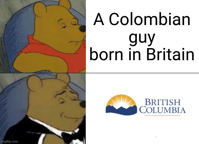 British Colombia | A Colombian guy born in Britain | image tagged in memes,tuxedo winnie the pooh,british,colombian,canada,pun | made w/ Imgflip meme maker