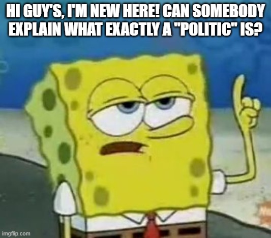 I'll Have You Know Spongebob | HI GUY'S, I'M NEW HERE! CAN SOMEBODY EXPLAIN WHAT EXACTLY A "POLITIC" IS? | image tagged in memes,i'll have you know spongebob | made w/ Imgflip meme maker