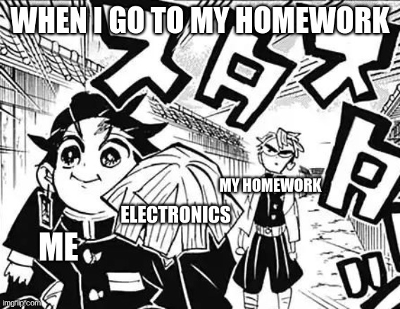 It means that I'm actually we're using right now everything | WHEN I GO TO MY HOMEWORK; MY HOMEWORK; ELECTRONICS; ME | image tagged in tanjiro waking away,demon slayer | made w/ Imgflip meme maker