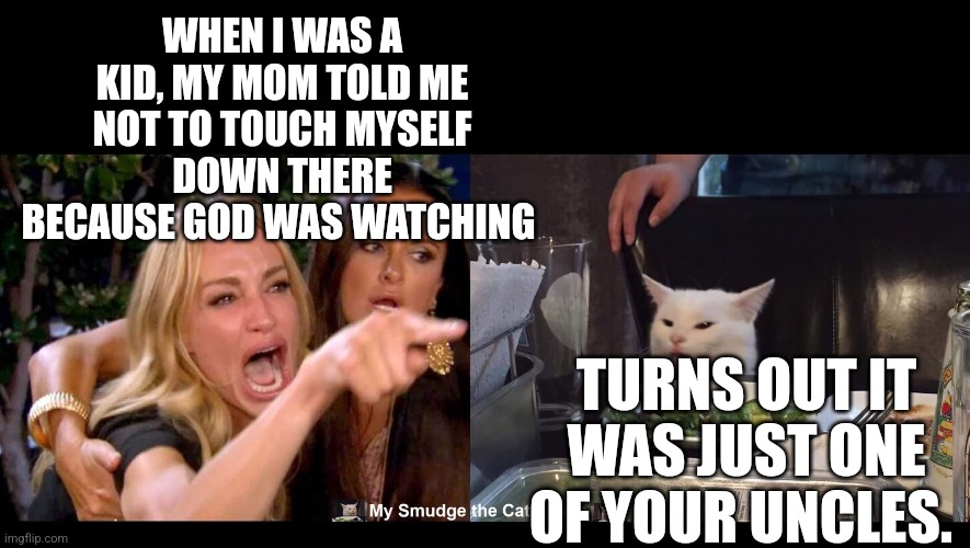 WHEN I WAS A KID, MY MOM TOLD ME NOT TO TOUCH MYSELF DOWN THERE BECAUSE GOD WAS WATCHING; TURNS OUT IT WAS JUST ONE OF YOUR UNCLES. | image tagged in smudge the cat | made w/ Imgflip meme maker