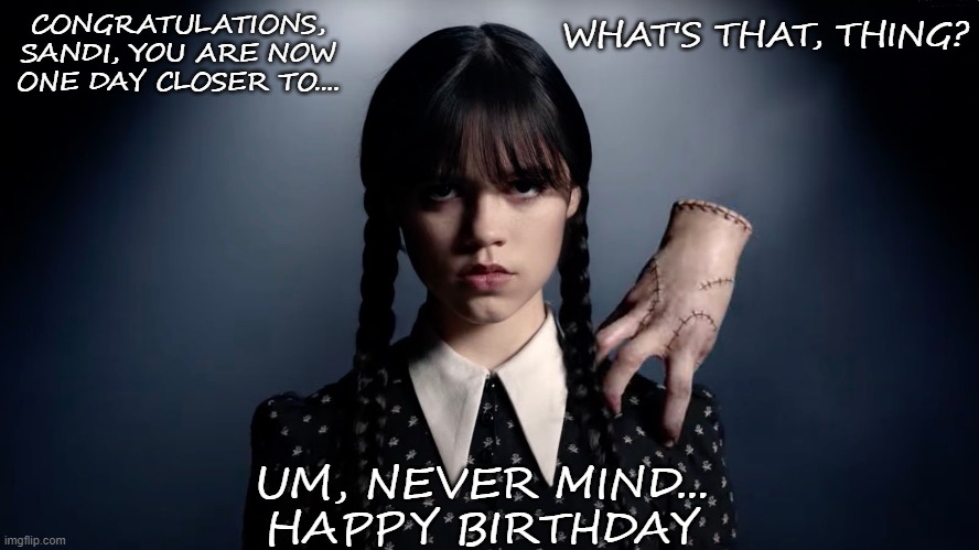 Happy Birthday? from Wednesday | CONGRATULATIONS, SANDI, YOU ARE NOW ONE DAY CLOSER TO.... WHAT'S THAT, THING? UM, NEVER MIND...
HAPPY BIRTHDAY | image tagged in happy birthday,wednesday addams,scary | made w/ Imgflip meme maker