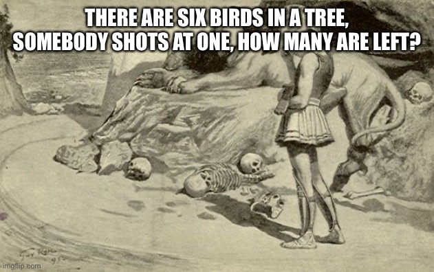 Riddle | THERE ARE SIX BIRDS IN A TREE, SOMEBODY SHOTS AT ONE, HOW MANY ARE LEFT? | image tagged in riddles and brainteasers,riddle | made w/ Imgflip meme maker