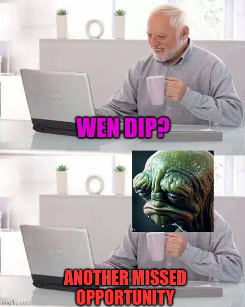 Wen dip? | WEN DIP? ANOTHER MISSED
 OPPORTUNITY | image tagged in memes,hide the pain harold | made w/ Imgflip meme maker