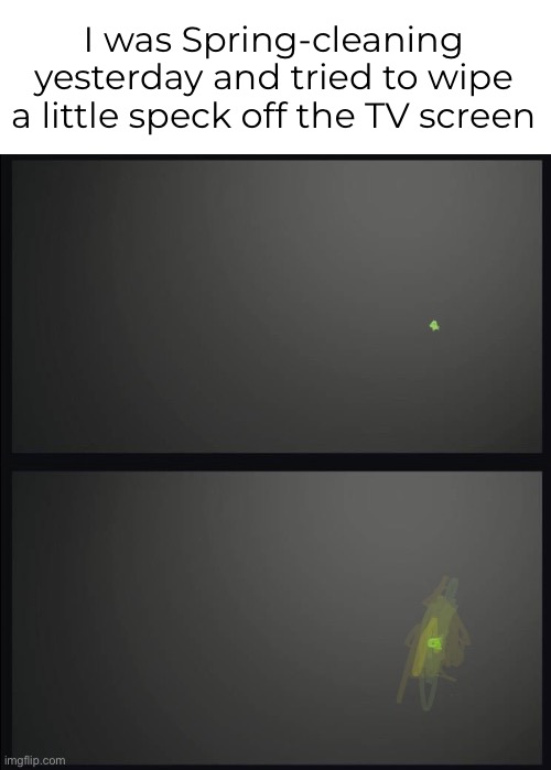 Hopefully it wasn’t a booger—or else I’m buying a new TV | I was Spring-cleaning yesterday and tried to wipe a little speck off the TV screen | image tagged in funny memes,spring cleaning,booger,tv,smudge | made w/ Imgflip meme maker