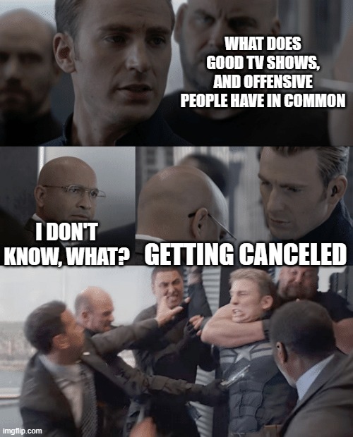 Captain america elevator | WHAT DOES GOOD TV SHOWS, AND OFFENSIVE PEOPLE HAVE IN COMMON; I DON'T KNOW, WHAT? GETTING CANCELED | image tagged in captain america elevator | made w/ Imgflip meme maker