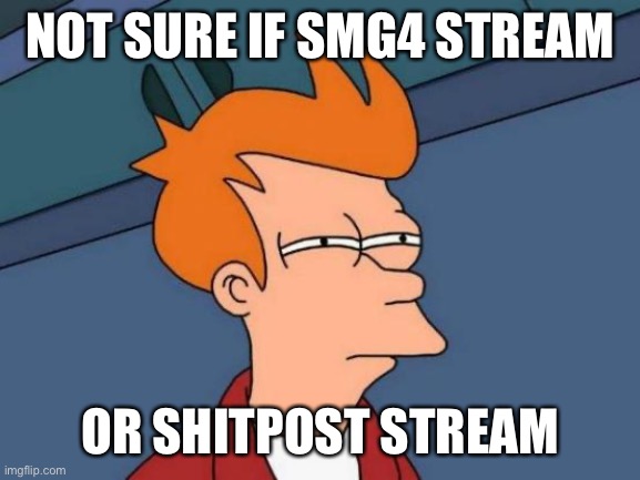 Futurama Fry | NOT SURE IF SMG4 STREAM; OR SHITPOST STREAM | image tagged in memes,futurama fry | made w/ Imgflip meme maker