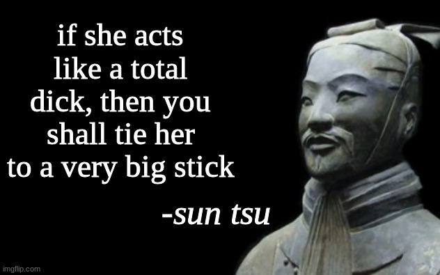 sun tsu fake quote | if she acts like a total dick, then you shall tie her to a very big stick | image tagged in sun tsu fake quote | made w/ Imgflip meme maker