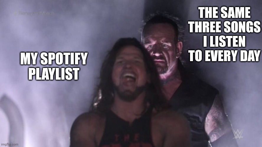 AJ Styles & Undertaker | THE SAME THREE SONGS I LISTEN TO EVERY DAY; MY SPOTIFY PLAYLIST | image tagged in aj styles undertaker,music,music meme,band,funnny | made w/ Imgflip meme maker