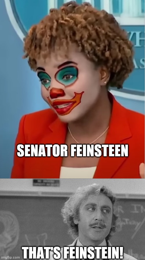 KJP Probably Needs Another Vacation | SENATOR FEINSTEEN; THAT'S FEINSTEIN! | image tagged in clown karine,young frankenstein lecture,misspoke,i see what you did there,mods didn't get it | made w/ Imgflip meme maker