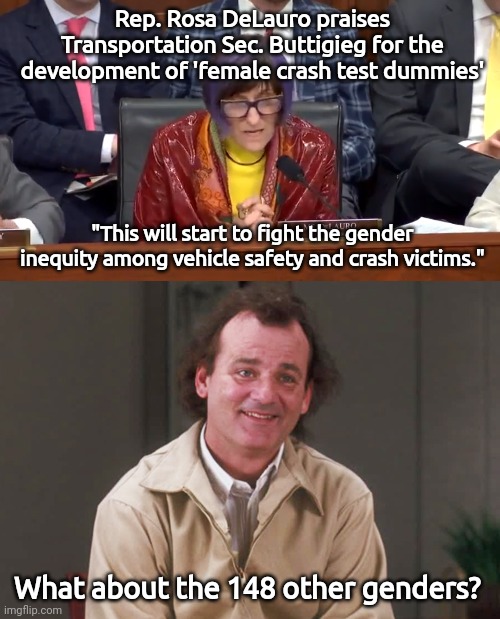 Genderless crash test dummies. | Rep. Rosa DeLauro praises Transportation Sec. Buttigieg for the development of 'female crash test dummies'; "This will start to fight the gender inequity among vehicle safety and crash victims."; What about the 148 other genders? | image tagged in what about bob | made w/ Imgflip meme maker