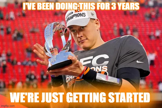 Just getting  started - Who Dey! | I'VE BEEN DOING THIS FOR 3 YEARS; WE'RE JUST GETTING STARTED | image tagged in cincinnati,bengals,nfl football,nfl memes,football,ea sports | made w/ Imgflip meme maker