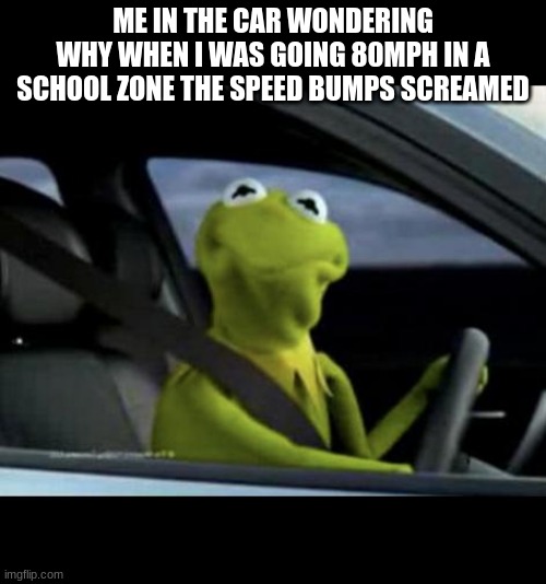 lol | ME IN THE CAR WONDERING WHY WHEN I WAS GOING 80MPH IN A SCHOOL ZONE THE SPEED BUMPS SCREAMED | image tagged in kermit driving | made w/ Imgflip meme maker