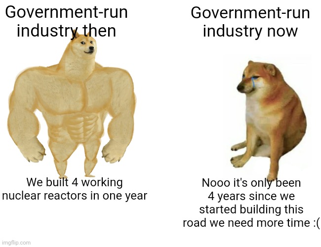 r | Government-run industry then; Government-run industry now; We built 4 working nuclear reactors in one year; Nooo it's only been 4 years since we started building this road we need more time :( | image tagged in memes,buff doge vs cheems,government | made w/ Imgflip meme maker