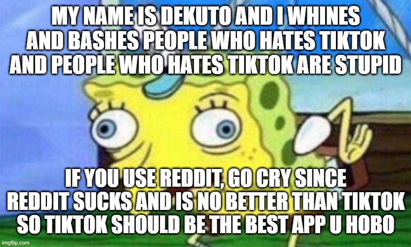 spongebob stupid | MY NAME IS DEKUTO AND I WHINES AND BASHES PEOPLE WHO HATES TIKTOK AND PEOPLE WHO HATES TIKTOK ARE STUPID IF YOU USE REDDIT, GO CRY SINCE RED | image tagged in spongebob stupid | made w/ Imgflip meme maker