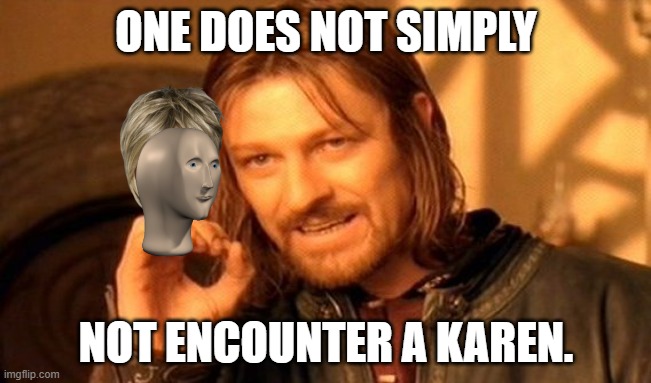 We've all met one. | ONE DOES NOT SIMPLY; NOT ENCOUNTER A KAREN. | image tagged in memes,one does not simply,karens,karen,stonks,funny memes | made w/ Imgflip meme maker