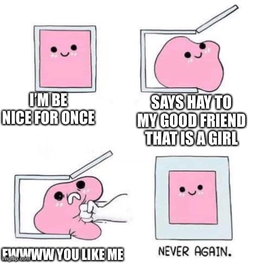 Middle school nowadays | I’M BE NICE FOR ONCE; SAYS HAY TO MY GOOD FRIEND THAT IS A GIRL; EWWWW YOU LIKE ME | image tagged in never again | made w/ Imgflip meme maker