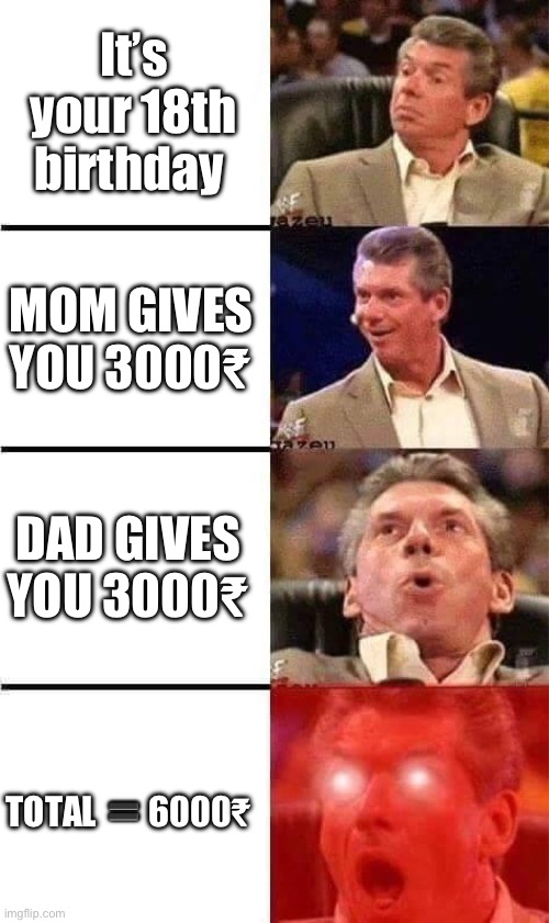 IYKYN | It’s your 18th birthday; MOM GIVES YOU 3000₹; DAD GIVES YOU 3000₹; TOTAL 🟰 6000₹ | image tagged in vince mcmahon reaction w/glowing eyes | made w/ Imgflip meme maker