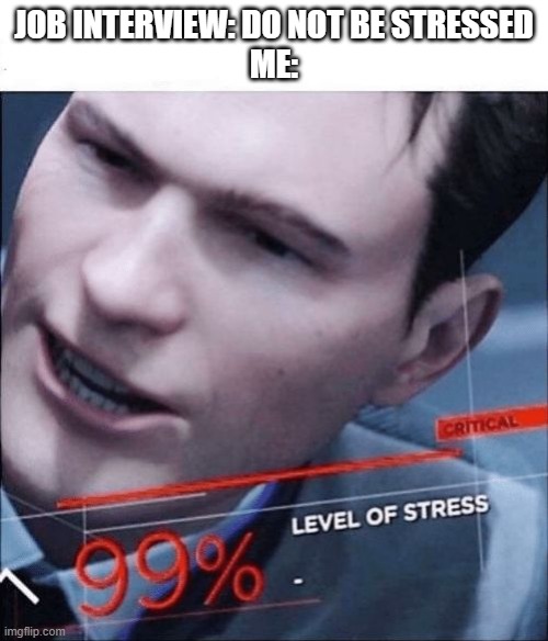 99% Level of Stress | JOB INTERVIEW: DO NOT BE STRESSED
ME: | image tagged in 99 level of stress | made w/ Imgflip meme maker